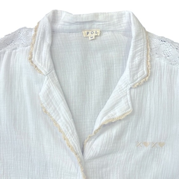 POL Loose Fit White Gauze Lace Crochet Short Sleeve Top Size Medium - Picture 10 of 13